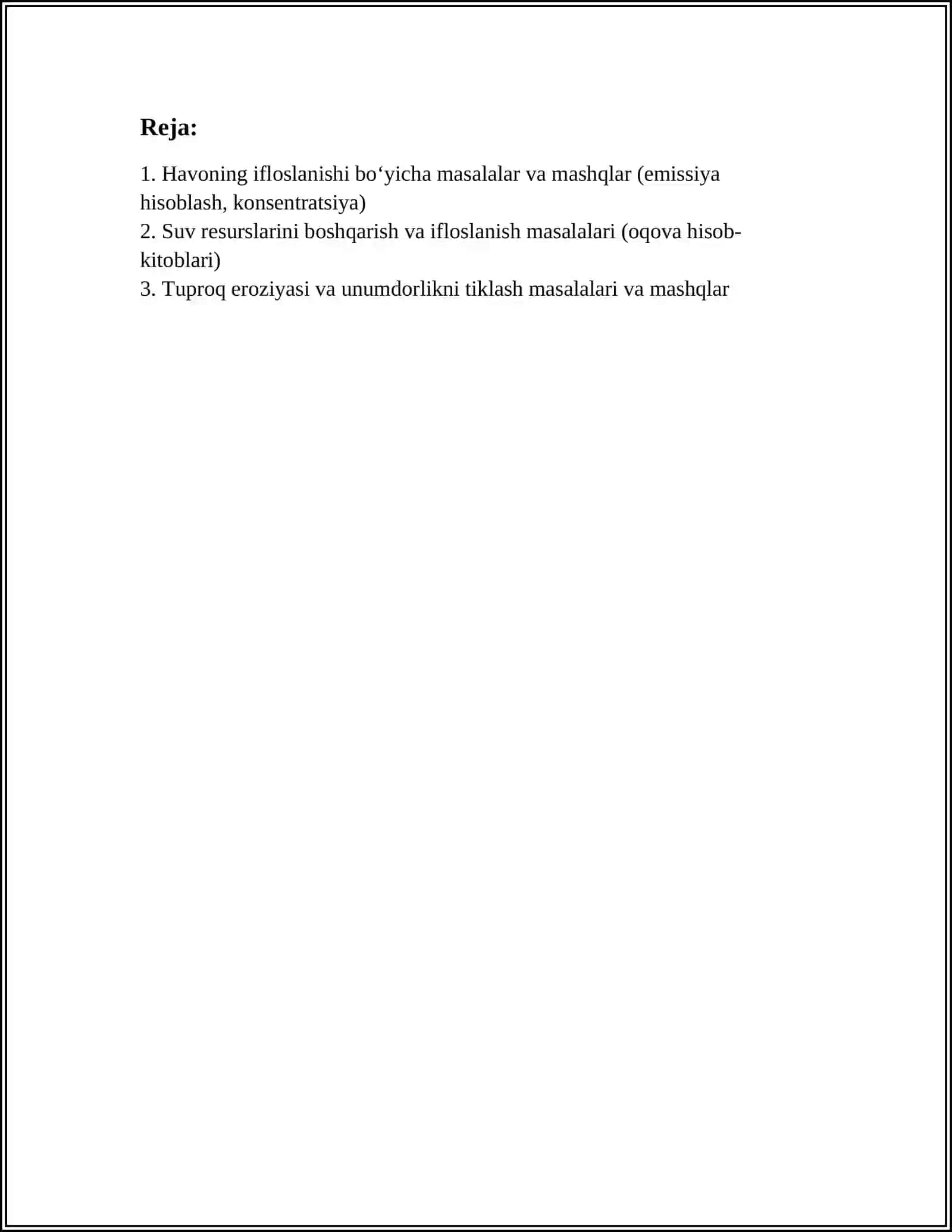 EKOLOGIYA BOYICHA MASALA VA MASHQLAR YECHISH 2