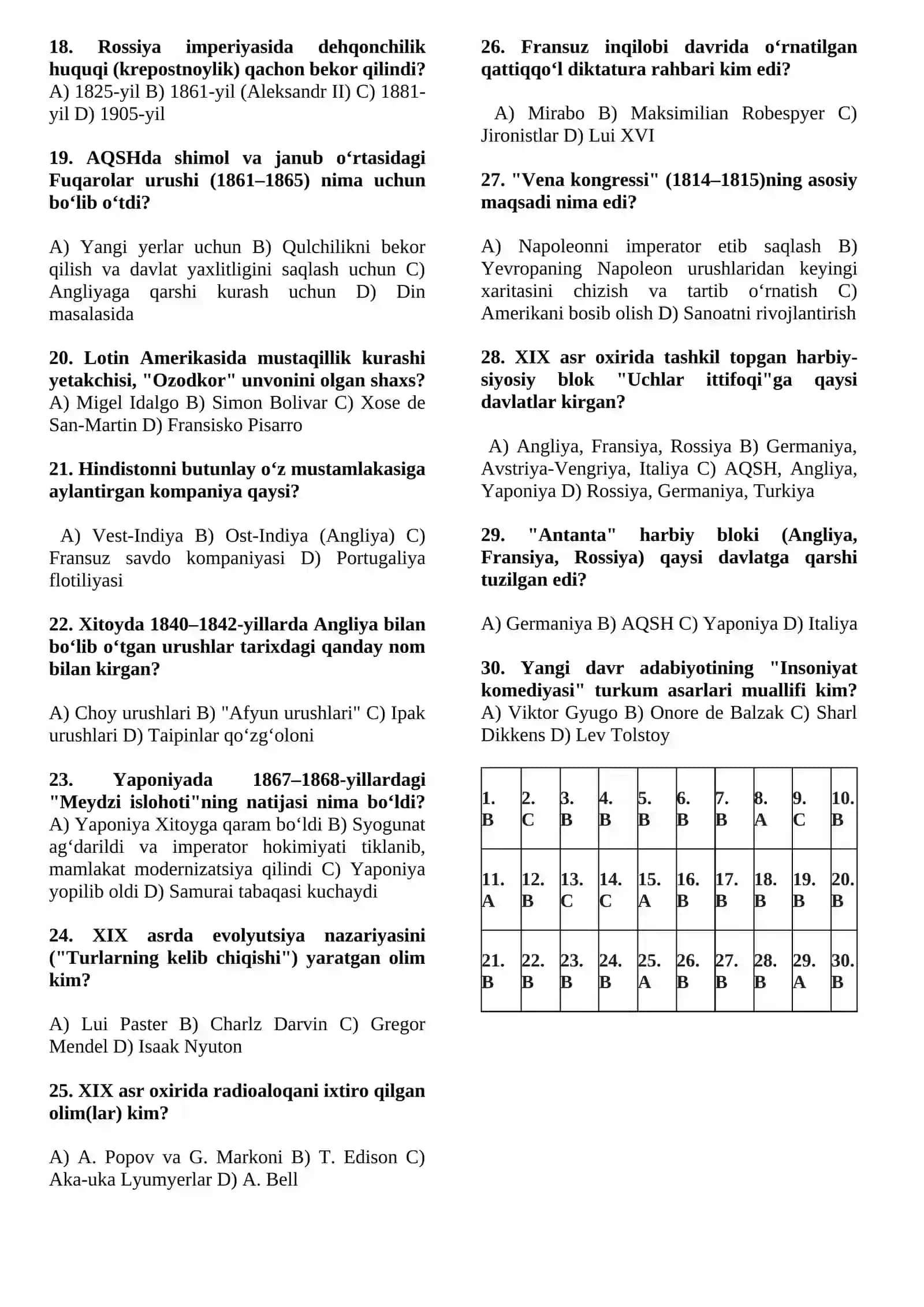 8-sinf Jahon Tarixi: Yangi Davr (30 talik Blok Test) 2