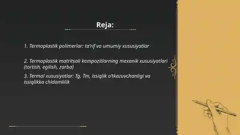 Polimer kompozitsion materiallar uchun termoplastik xususiyatlari va qöllanish sohalari 2