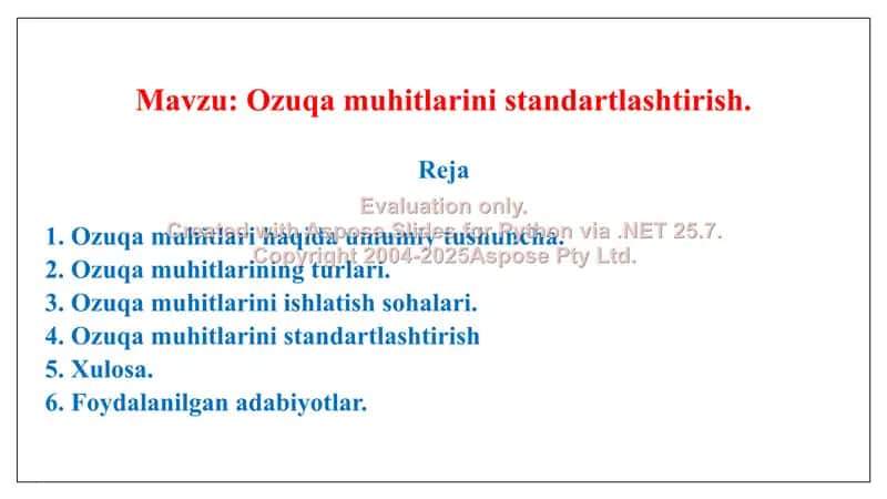 Ozuqa muhitlarini standartlashtirish. Taqdimot 11 bet. 2