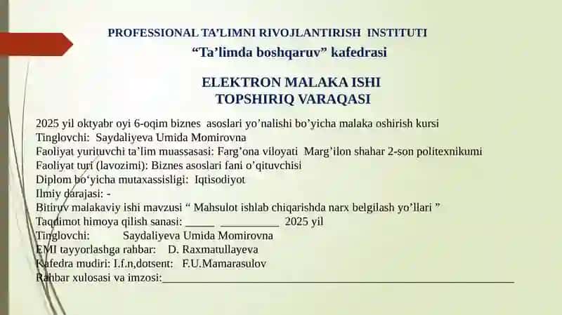 Mahsulot ishlab chiqarishdanarxbelgilash yo'llari 2