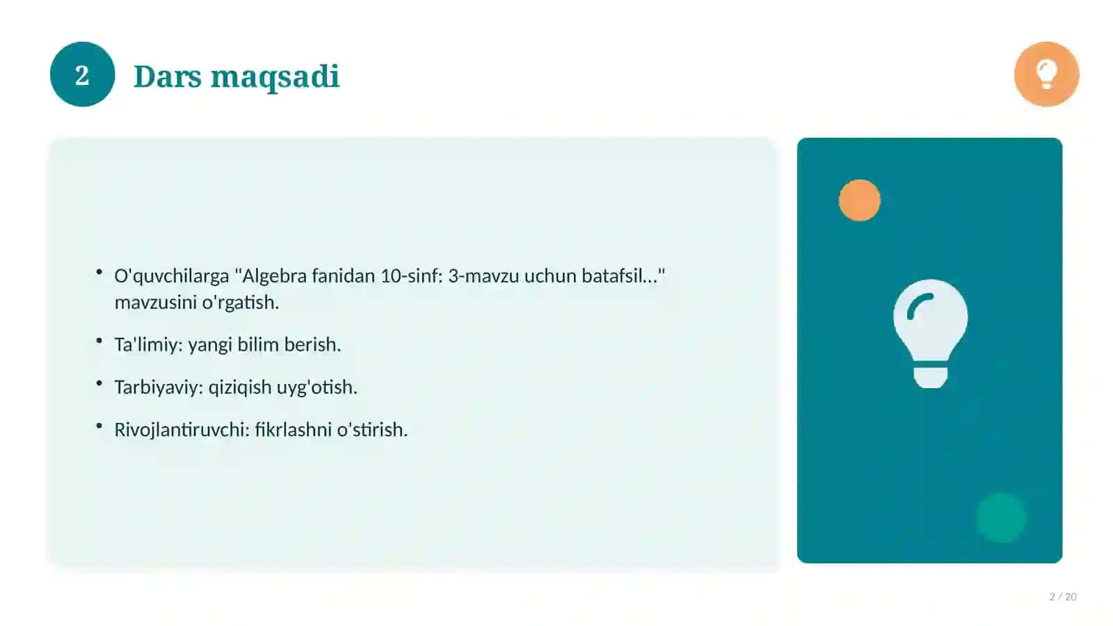 Algebra fanidan 10-sinf: 3-mavzu uchun batafsil dars ishlanmasi 2