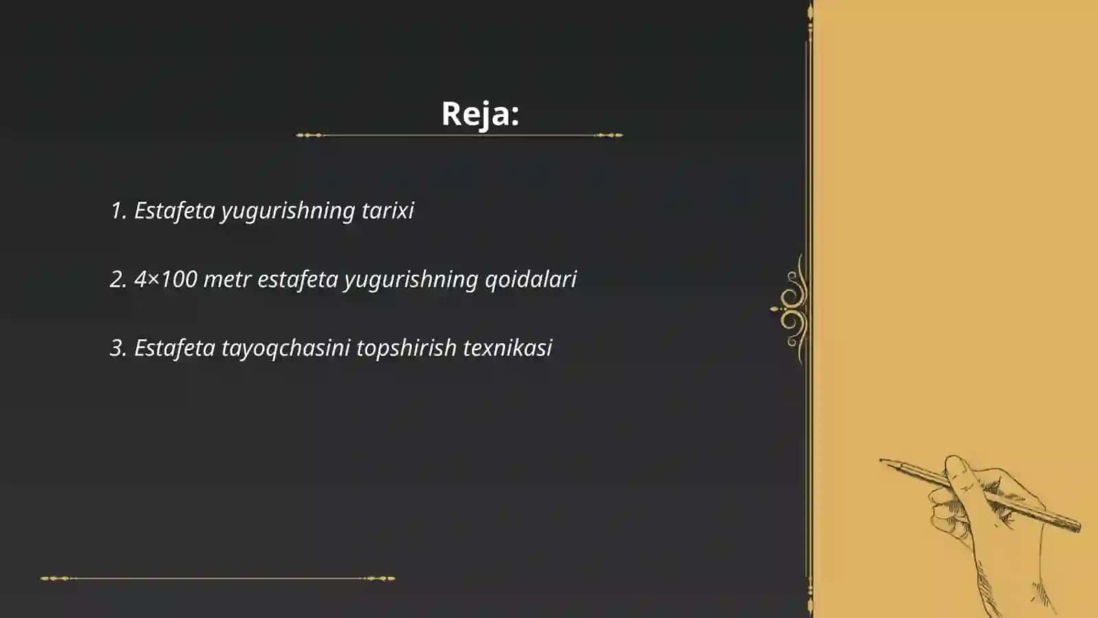 Estafeta yugurish;4×100 metrga yugurishni o‘rgatish 2