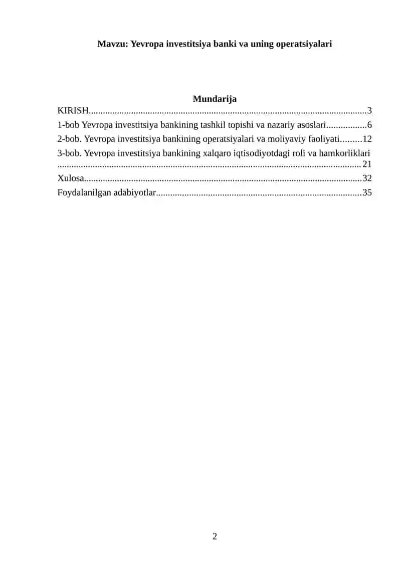 Yevropa investitsiya banki va uning operatsiyalari 2