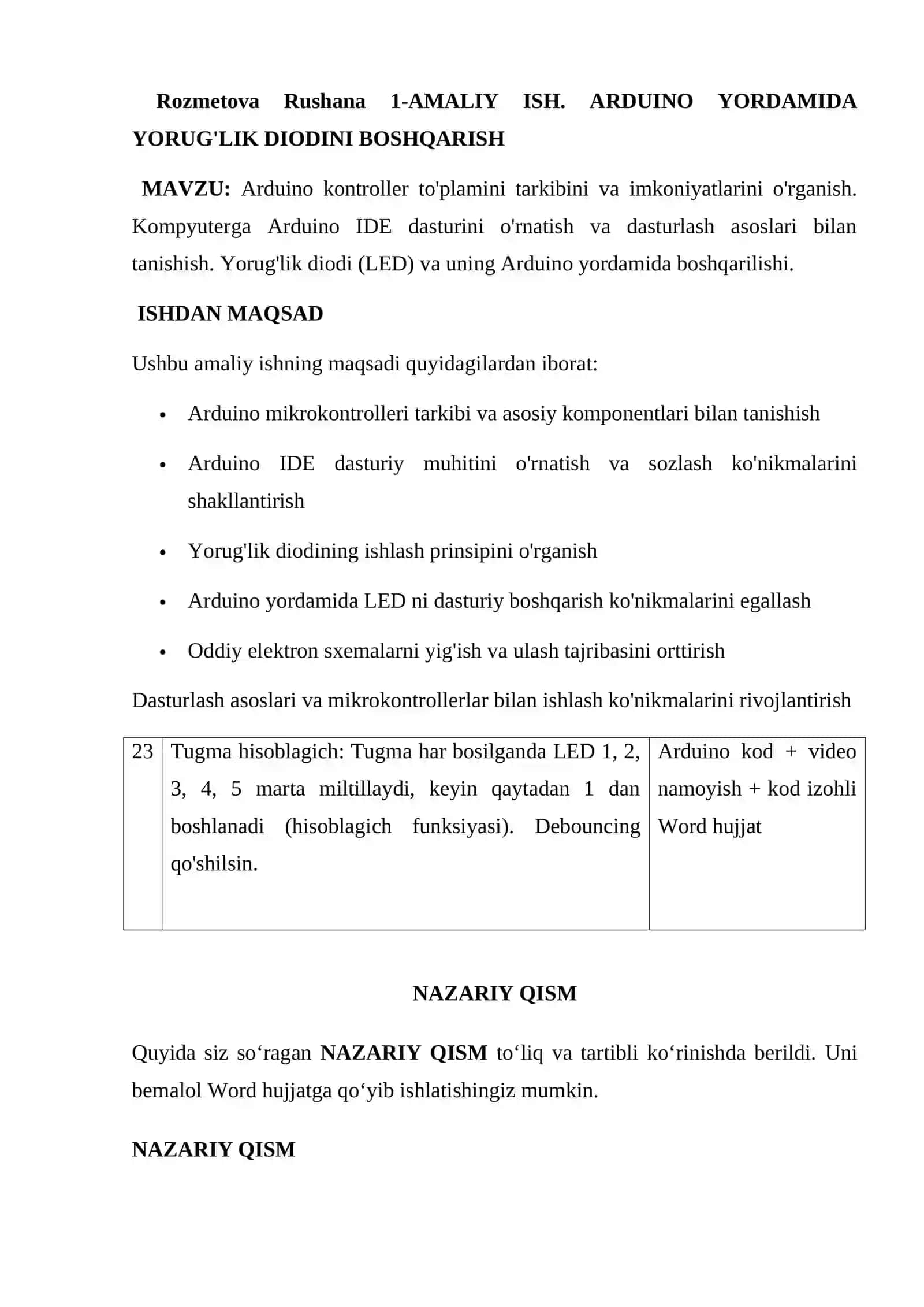 1-AMALIY ISH. ARDUINO YORDAMIDA YORUG'LIK DIODINI BOSHQARISH 2