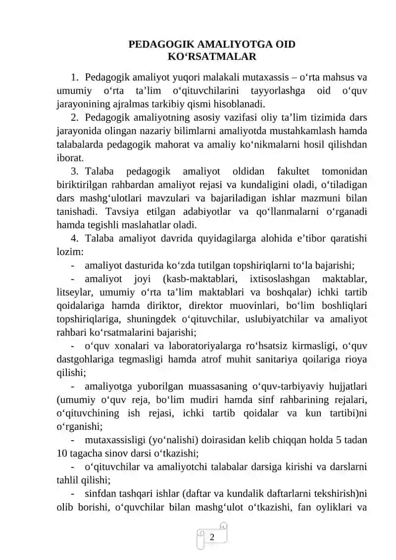 Pedagogik Amaliyotdan Kundalik Hisobot Ko'rsatmalar 2