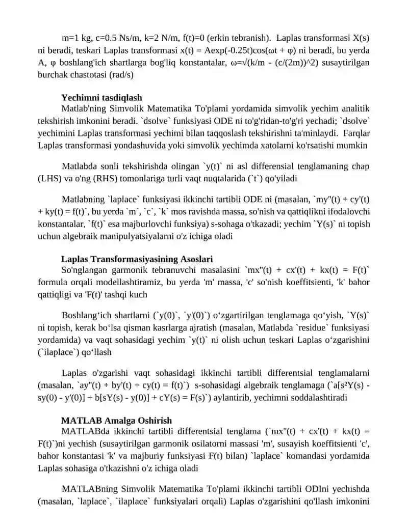 Laplas Transformasiyasi bilan MATLAB da 2-tartibli Differensial Tenglama Yechish 2
