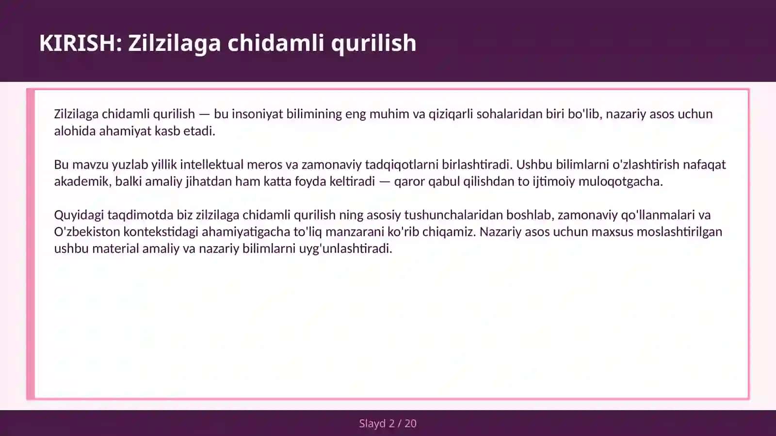 Zilzilaga chidamli qurilish 2