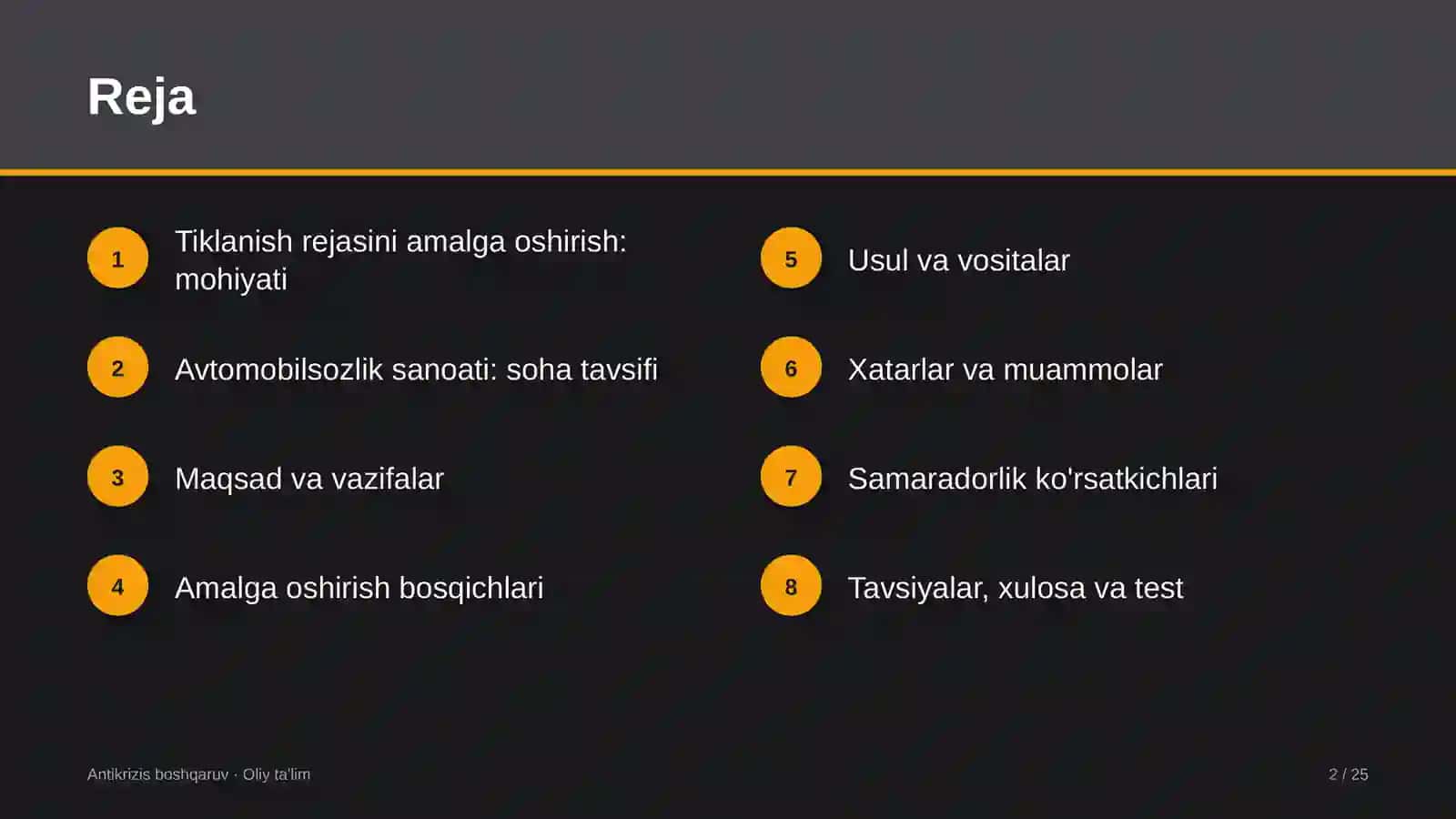 Avtomobilsozlik sanoatida tiklanish rejasini amalga oshirish 2