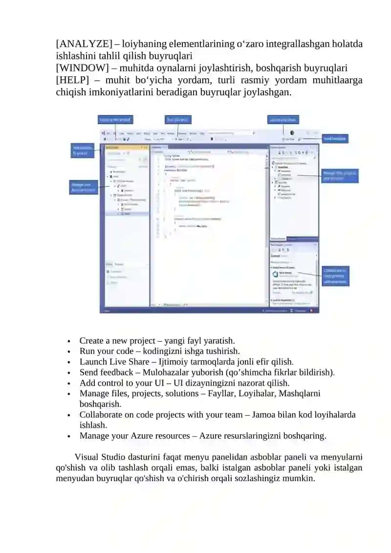 Visual Studio muhitida menyular va uskunalar paneli 2
