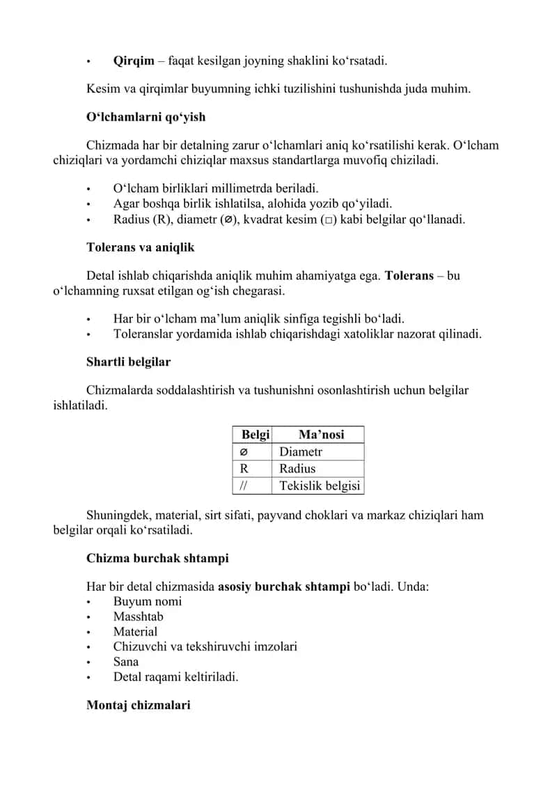 Detal chizmalarini o‘qish qoidalari 2