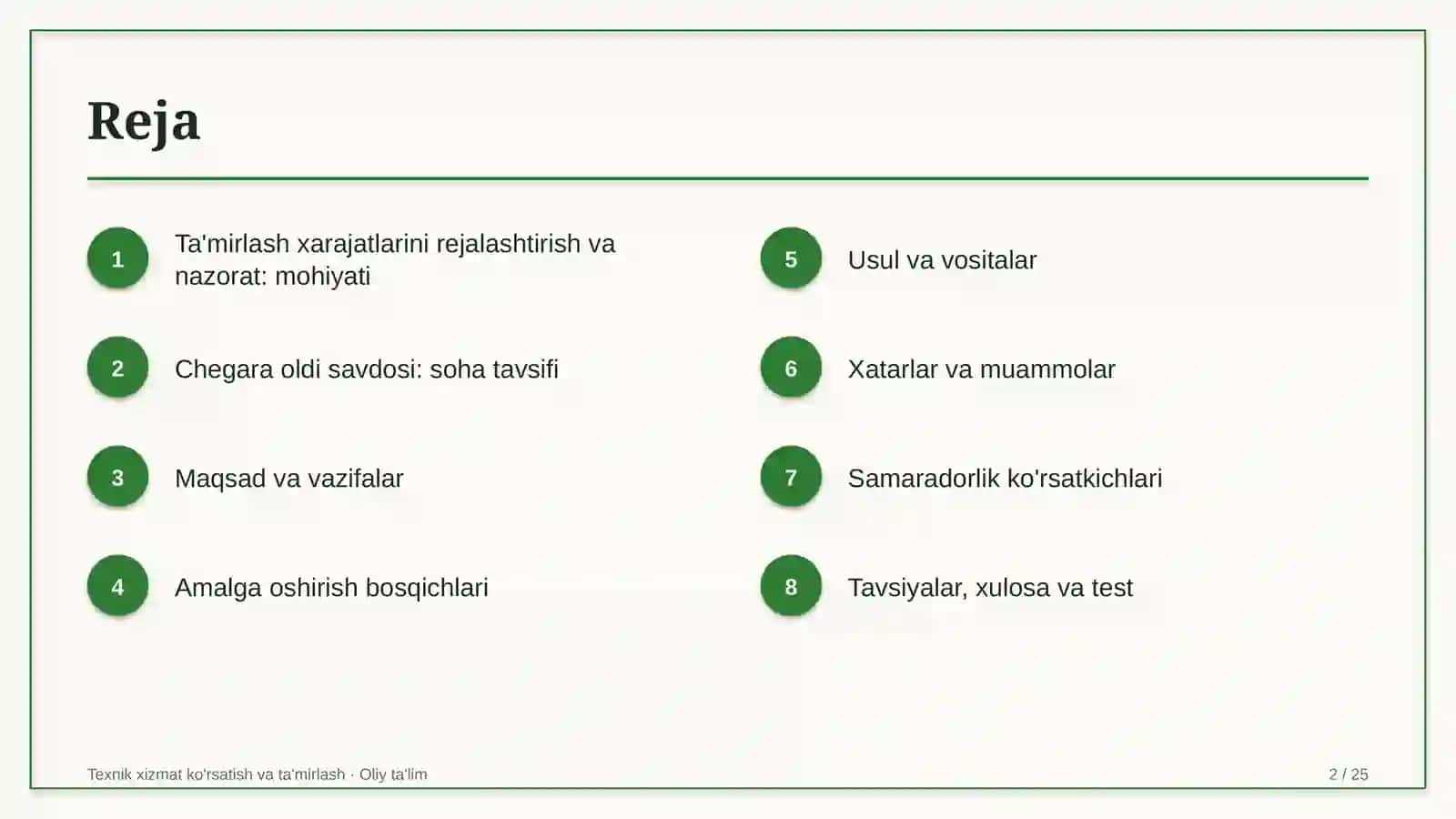 Chegara oldi savdosida ta'mirlash xarajatlarini rejalashtirish va nazorat qilish 2