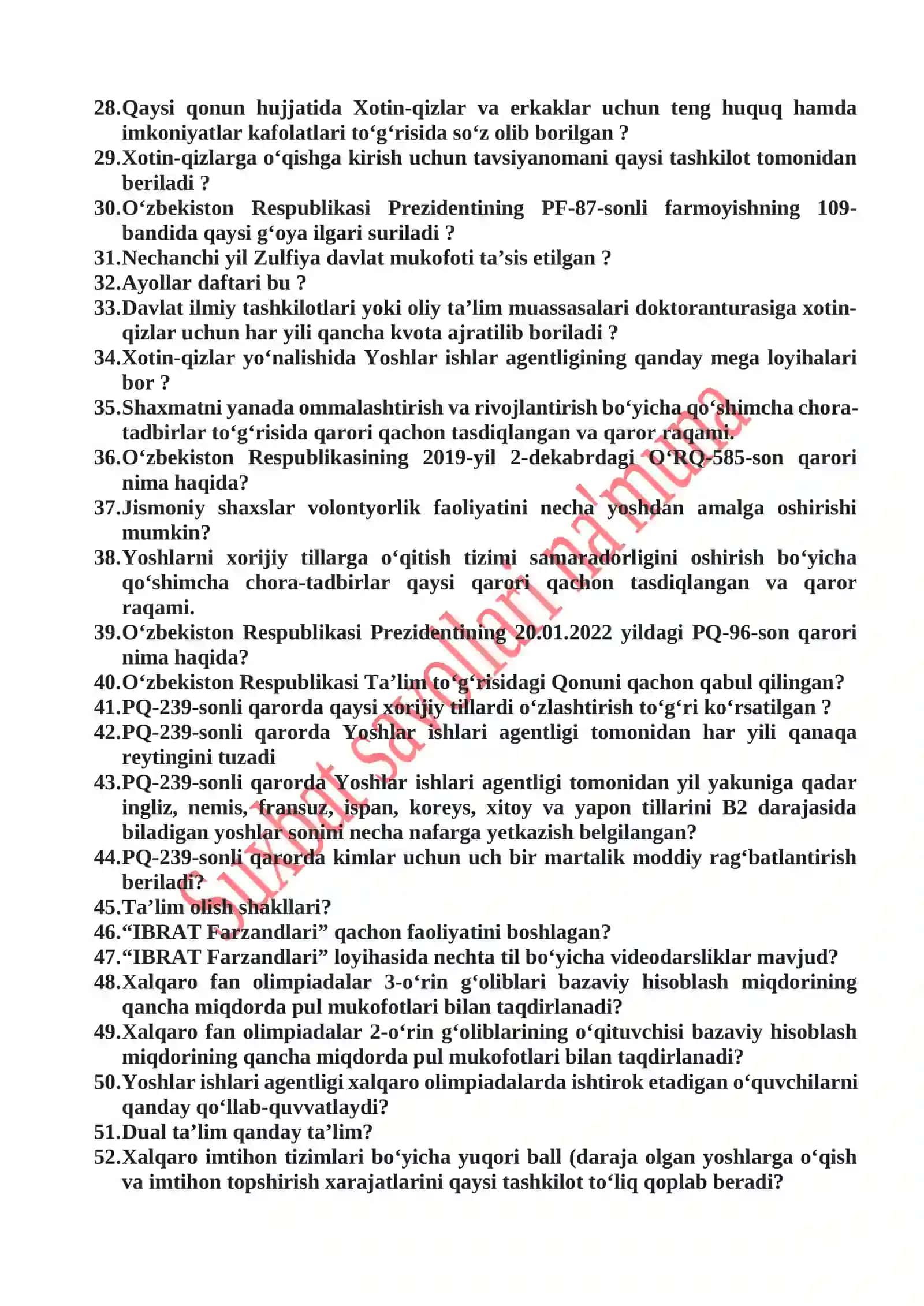 Yoshlar ishlari agentligi tizimida suxbat savollaridan na’munalar 2