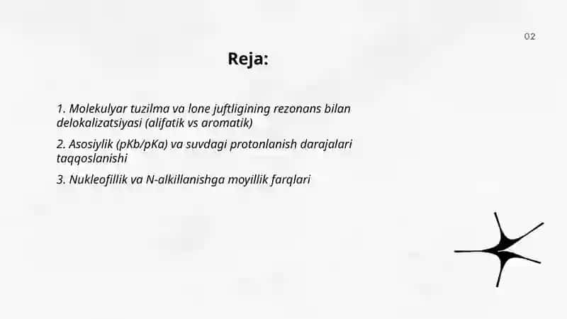 Molekulyar tuzilma va lone juftligining rezonans bilan delokalizatsiyasi (alifatik vs aromatik) 2