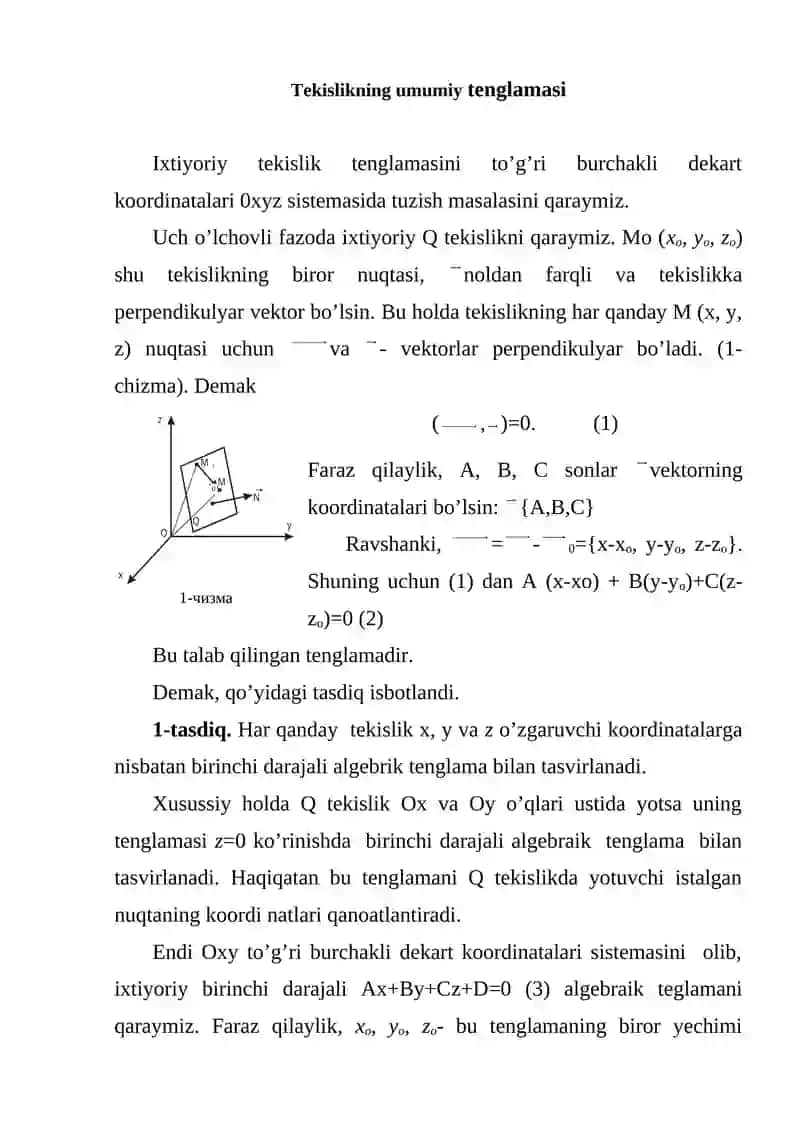 Tekislik tenglamasi 2