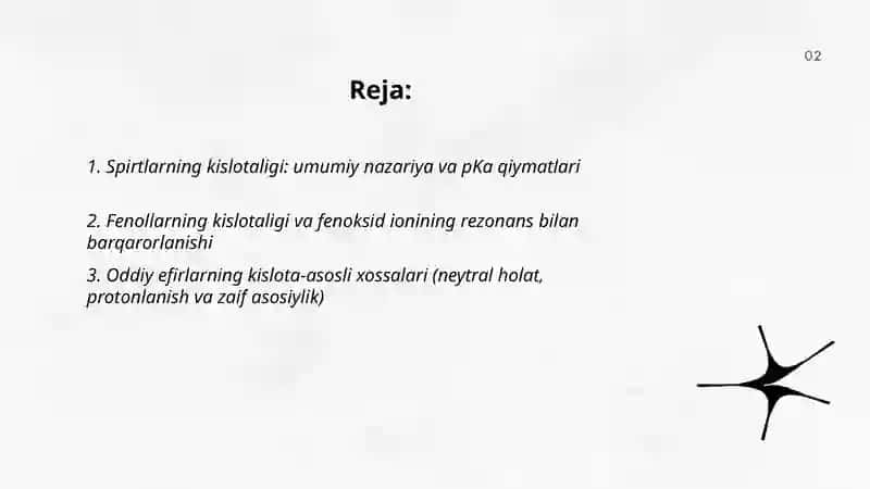 Spirt, fenol va oddiy efirlarning kislota-asosli xossalari 2