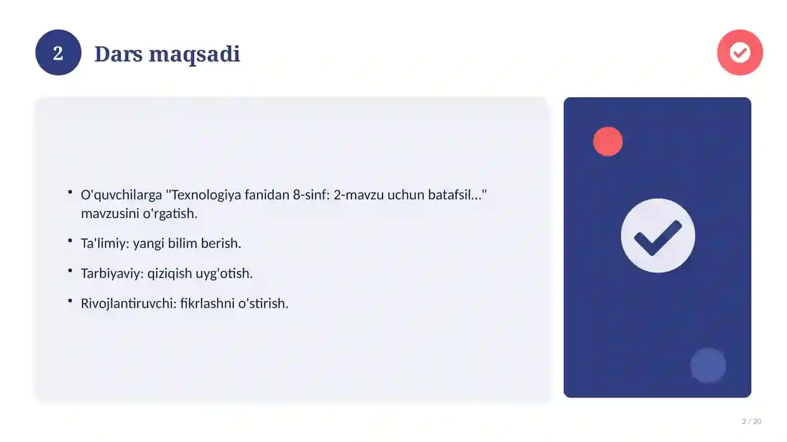 Texnologiya fanidan 8-sinf: 2-mavzu uchun batafsil dars ishlanmasi 2