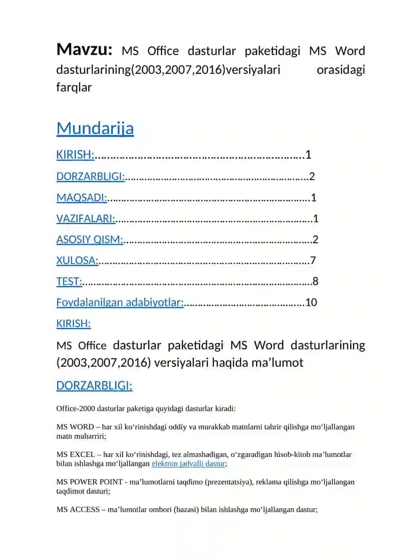 MS Office dasturlar paketidagi MS Word dasturlarining(2003,2007,2016) versiyalari orasidagi farqlar 2
