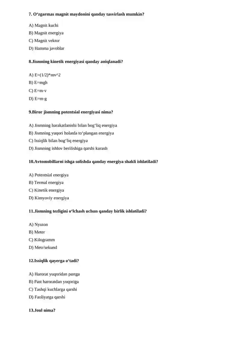 Fizika fanidan Test kalitlari bilan 2