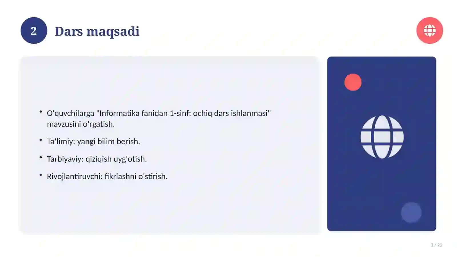 Informatika fanidan 1-sinf: ochiq dars ishlanmasi 2