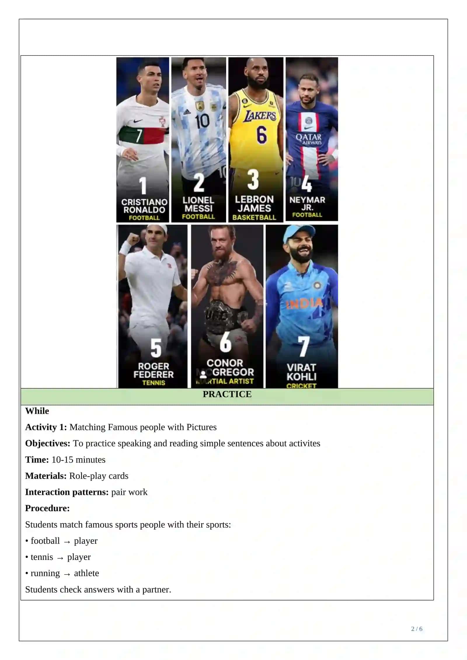 Lesson plan ESP Famous sports people 2