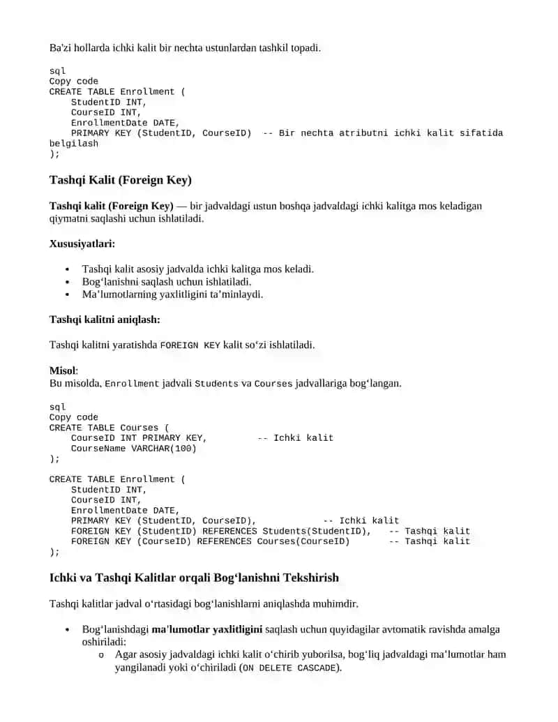 SQLda Atributlar, Ichki va Tashqi Kalitlarni Aniqlash 2