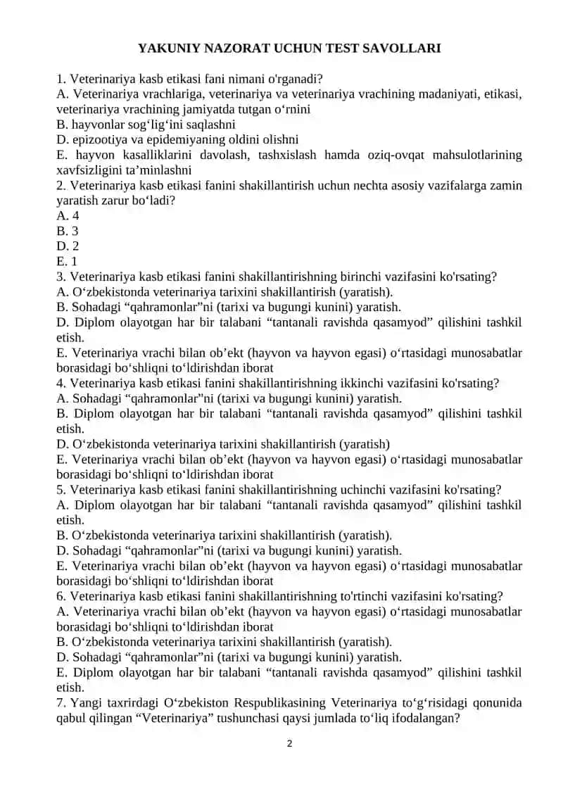 "VETERINARIYADA KASB ETIKASI" TEST SAVOLLARI 2