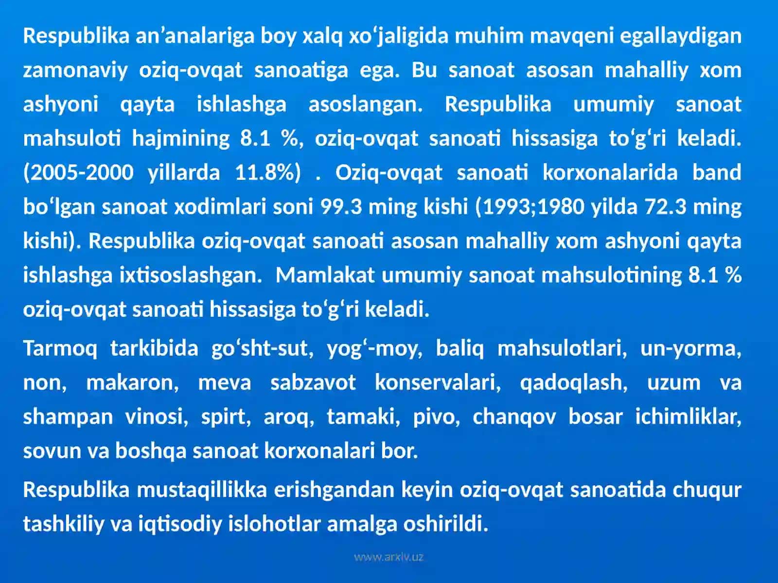 O’ZBEKISTONNING OZIQ-OVQAT SANOATI GEOGRAFIYASI 2