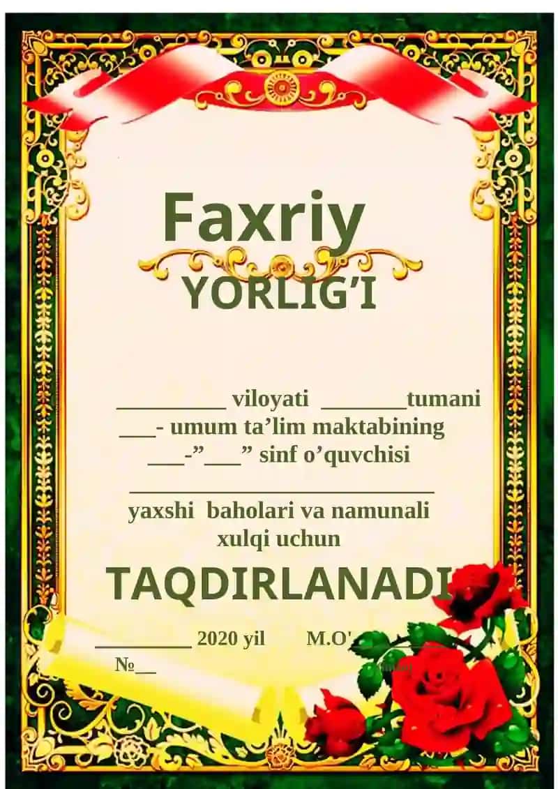 Faxriy yorliq shabloni 2