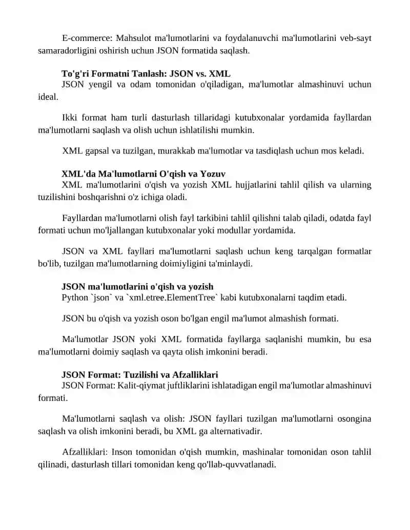 Ma'lumotlarni faylga saqlash va undan oqish (JSON yoki XML formatlarida) 2