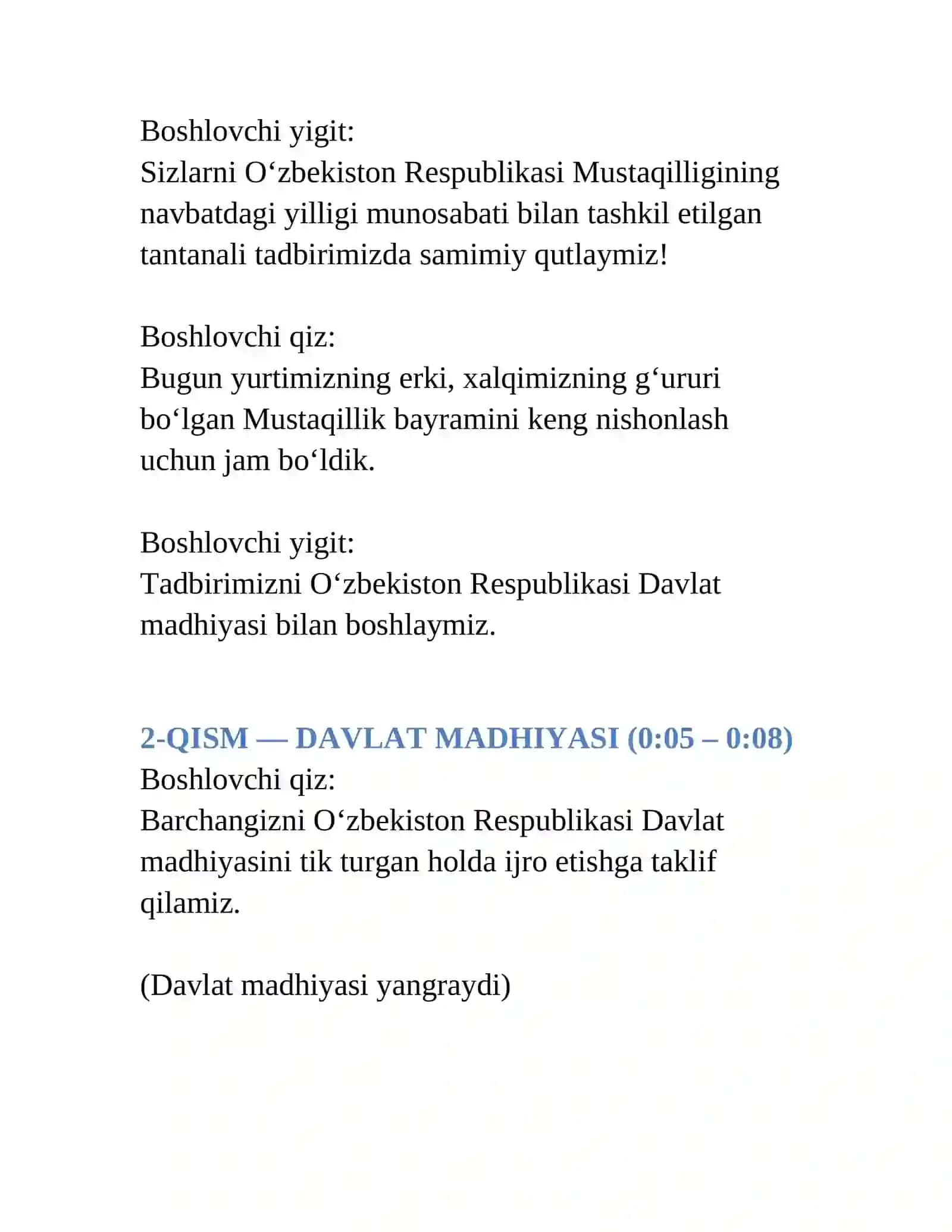 Mustaqillik bayram tadbiri ssenariysi 2