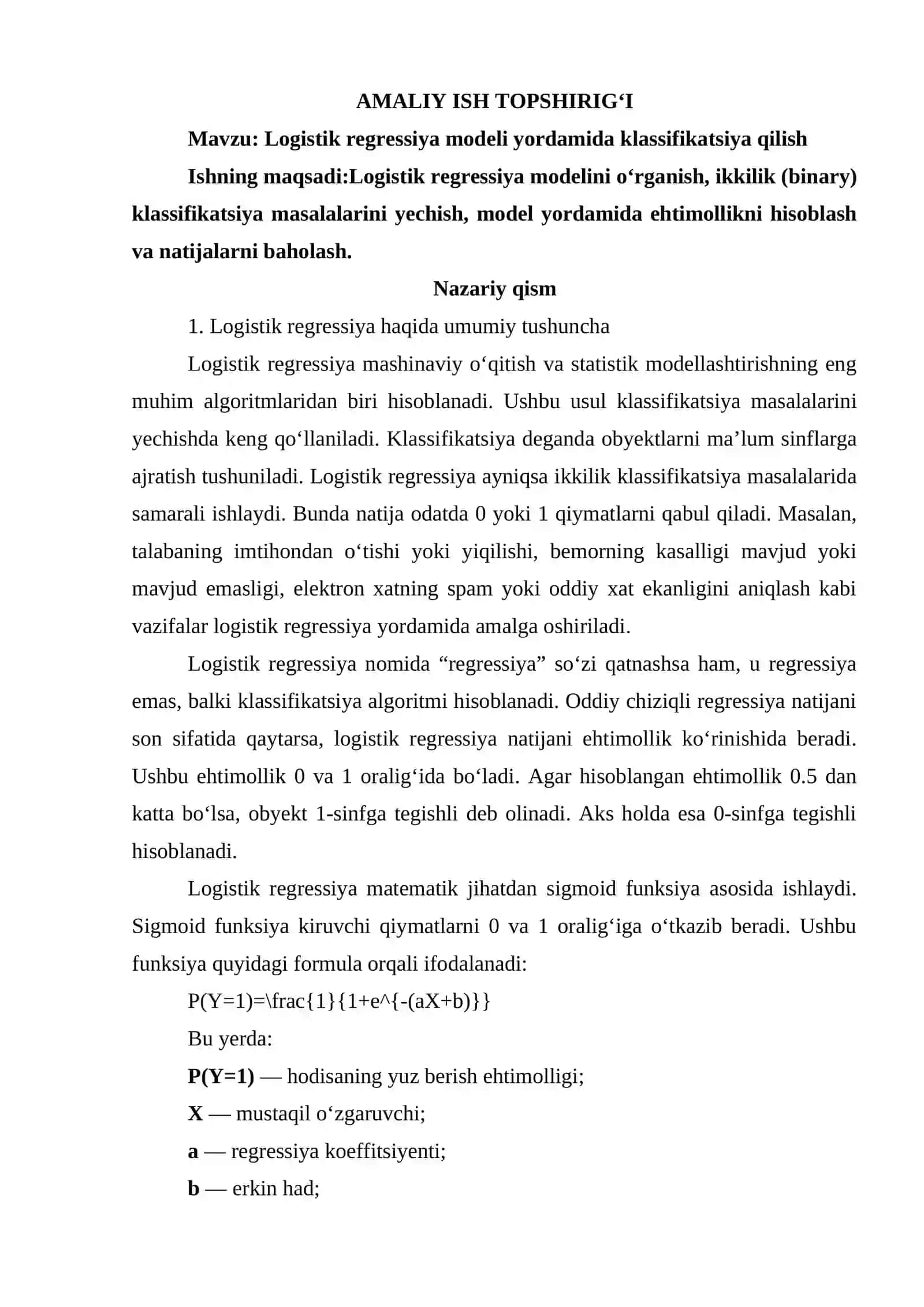 Logistik regressiya modeli yordamida klassifikatsiya qilish 2