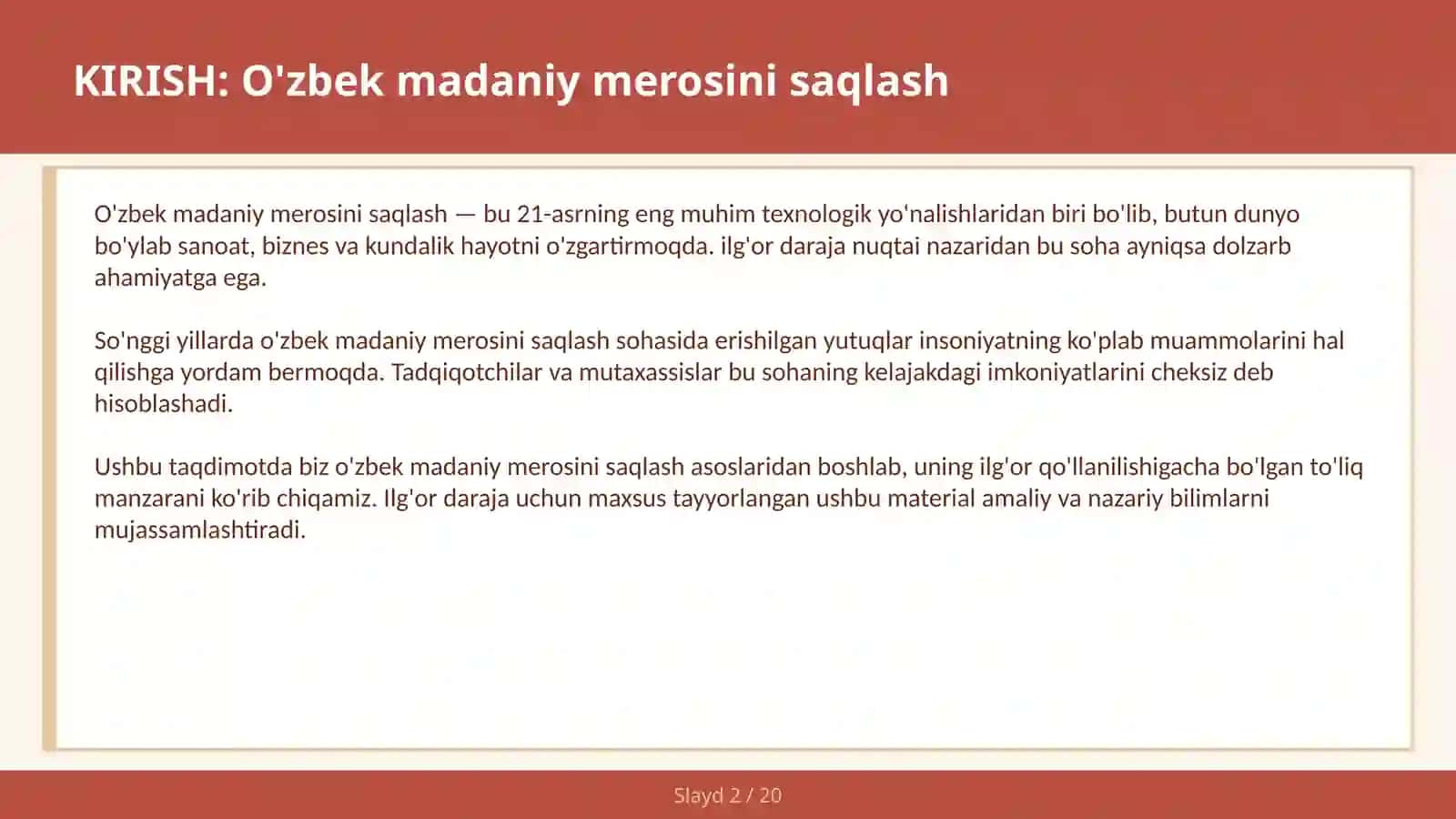 O'ZBEK MADANIY MEROSINI SAQLASH 2