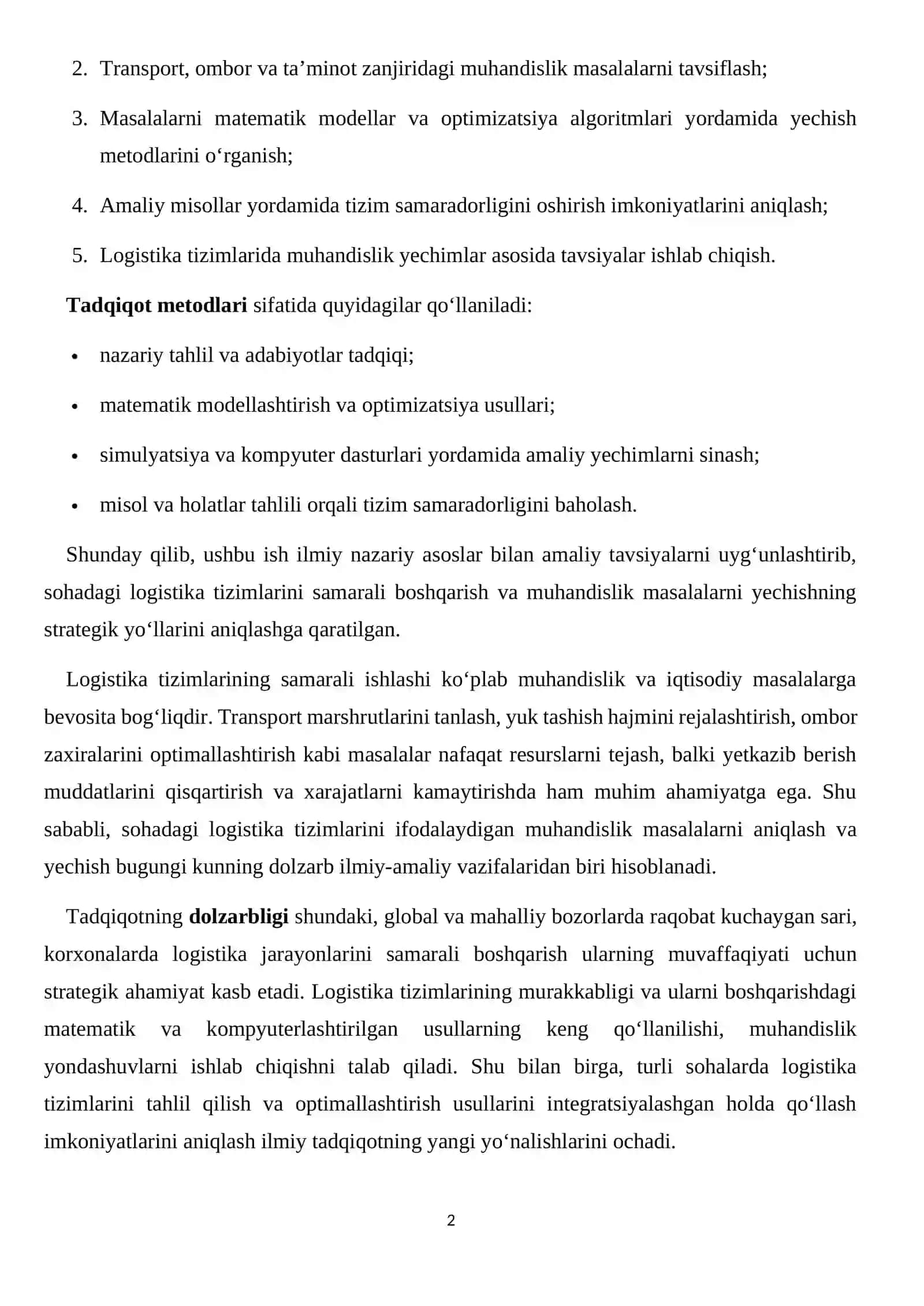 “Sohadagi logistika tizimlarini ifodalaydchi muhandislik masalalarini yechish” 2