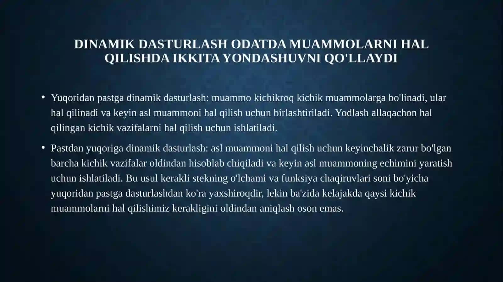 DINAMIK DASTURLASH METODLARINI OPTIMALLASHTIRISH USULLARI 2