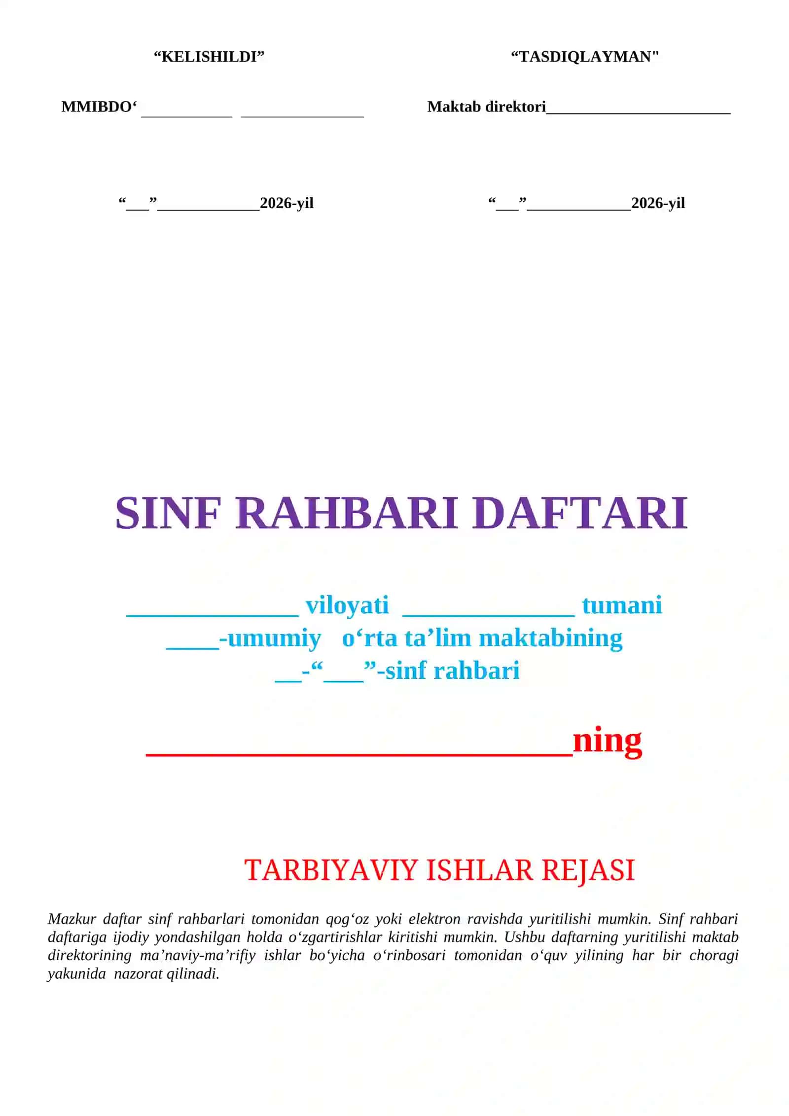 Sinf Rahbari Daftari 1-4 sinf 2026-2027 o'quv yili uchun 2