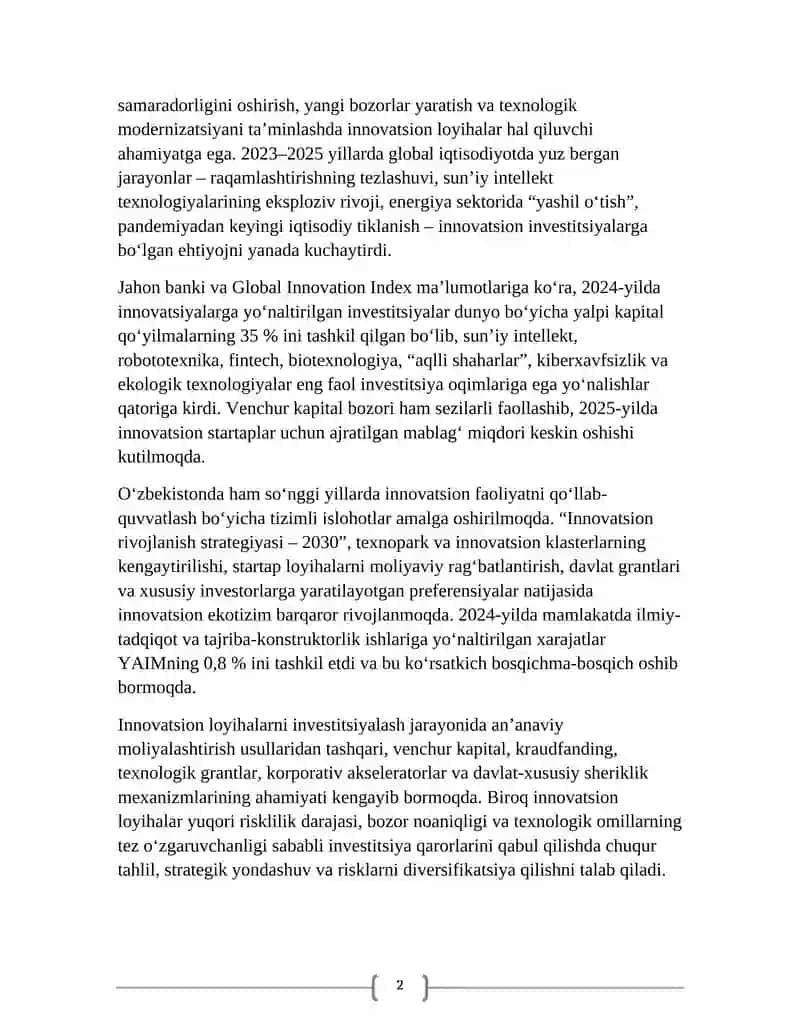 Innovatsion loyihalarni investitsiyalash 2