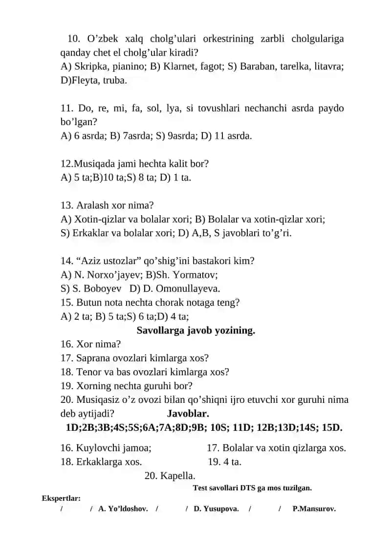5-sinf uchun musiqa fanidan test savollari 2
