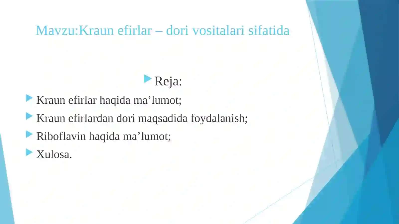 Kraun efirlar – dori vositalari sifatida 2