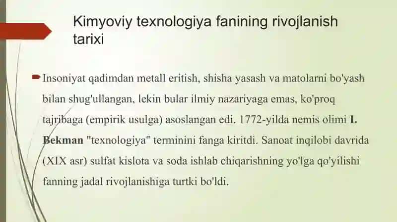 Kimyoviy texnologiya fanining rivojlanishi 2