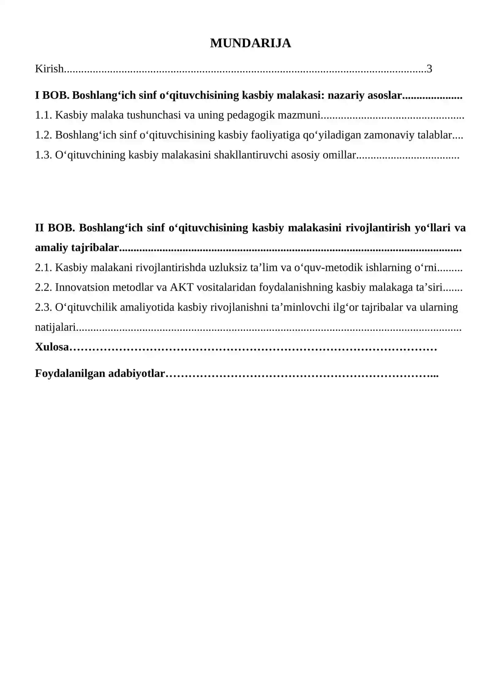 Boshlang’ich sinf o’qituvchisining kasbiy malakasi kurs ishi 2
