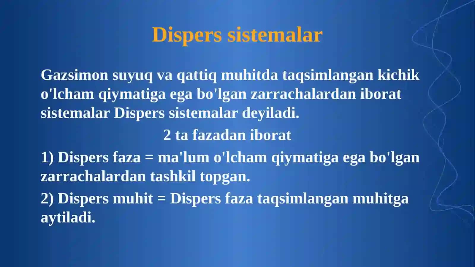 Dispers sistemalar. Kolloid eritmalarning klassifikatsiyasi, tuzilishi, olinishi va tozalash usullari. Kolloid eritmalarni molekulyar kinetik  va spetsifik xossalari. Dagʻal dispers  sistemalar. 2