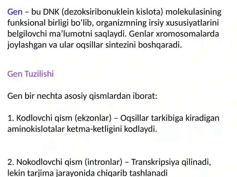 Insonda gen tuzilishi va vazifalari.Monogen kasalliklar.Aminokislatalar va uglevodlar almashinuvi buzilishi bilan kechuvchi kasalliklar 2
