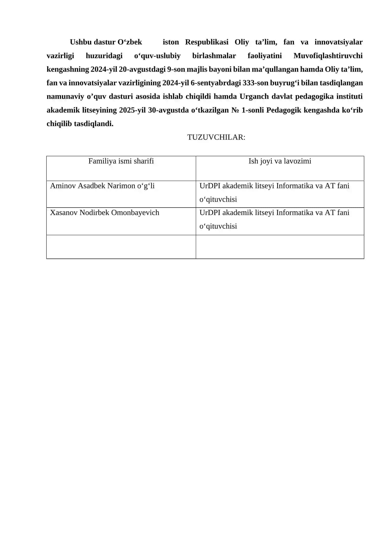 Informatika va axborot texnologiyalari (Umumta’lim fanlar) 2