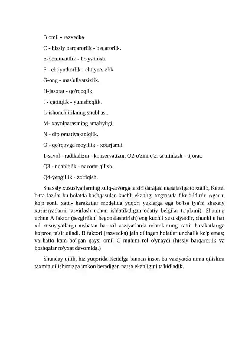 Kettelning 16 omili shaxs so’rovnomasi 2