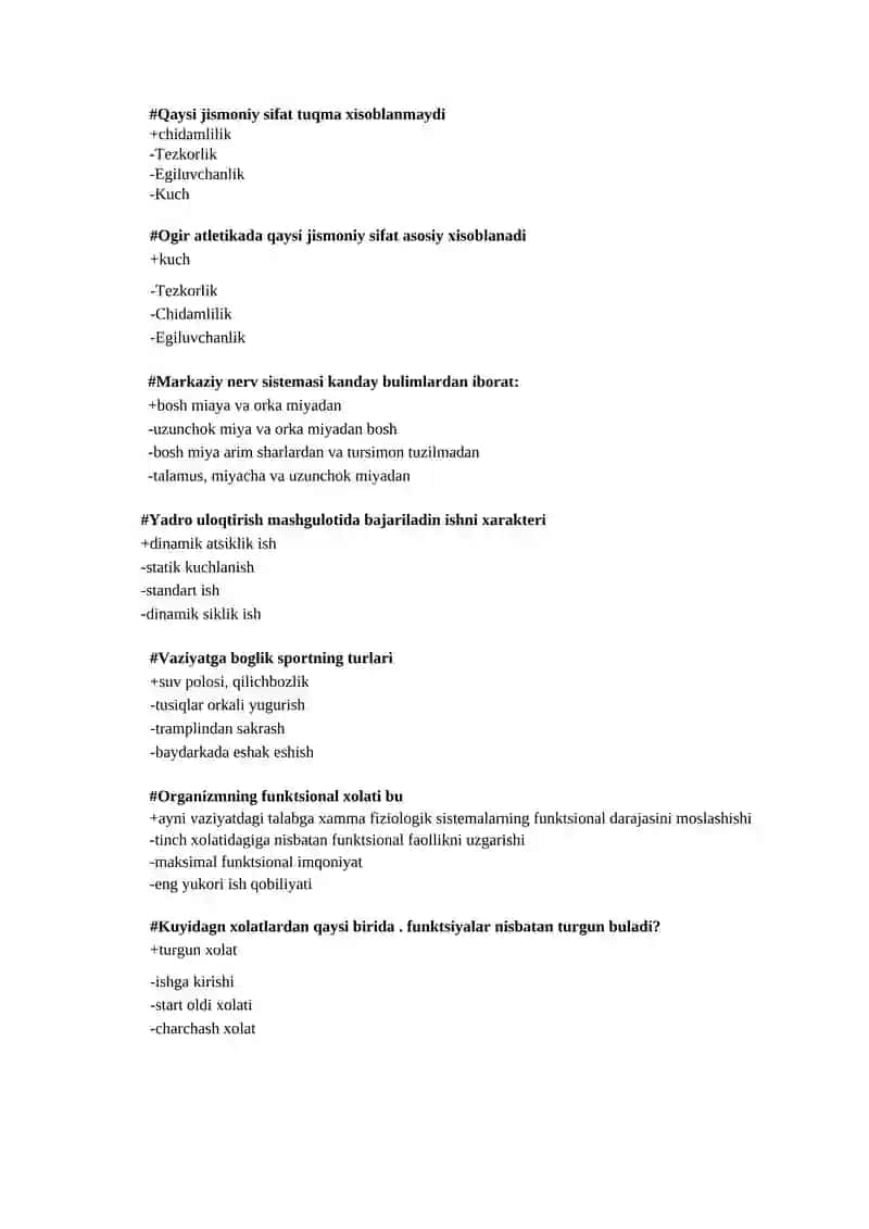 Fiziologiya va sport fiziologiya fanidan 3-kurslar uchun 200 ta test savollari 2