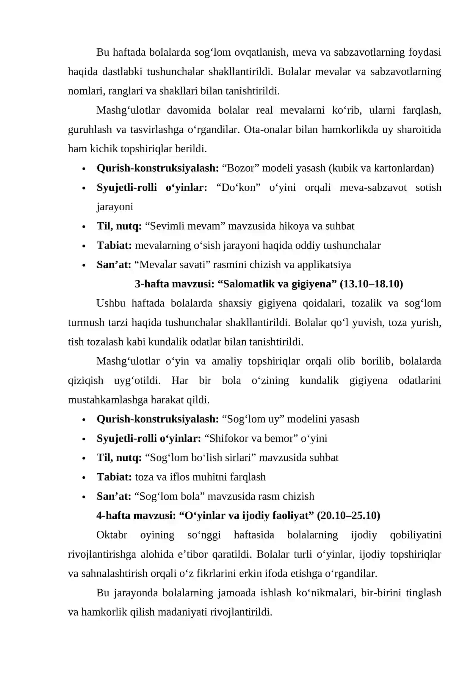 Maktabgacha ta'lim tarbiyachisi uchun Oktabr hisoboti 2