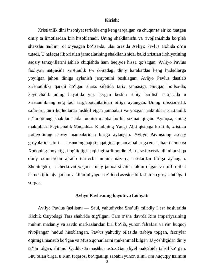 Xristianlikda Avliyo Pavlusning tutgan o'rni. 2