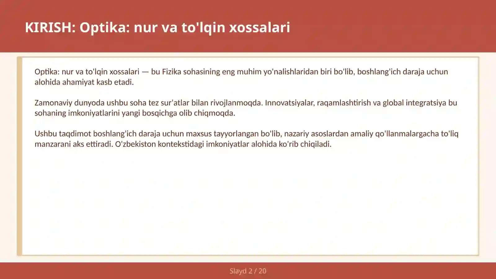 Optika: nur va to'lqin xossalari 2