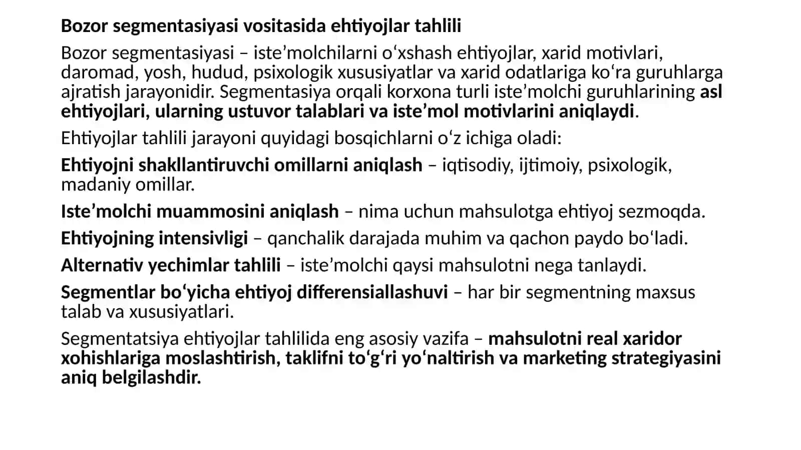 Bozor segmentasiyasi vositasida ehtiyojlar tahlili 2